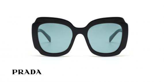 عینک آفتابی زنانه پرادا فریم کائوچویی مربعی-پروانه ای مشکی با دسته های سبز آبی و عدسی سبز آبی روشن - عکس از زاویه روبرو