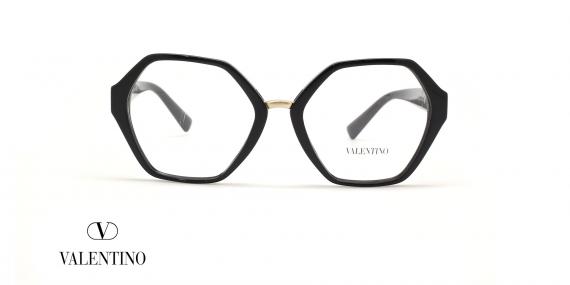 عینک طبی زنانه ولنتینو فریم کائوچویی چندضلعی مشکی، روی دسته V طلایی - عکس از زاویه روبرو