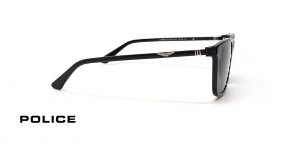 عینک آفتابی پلیس فریم کائوچویی مربعی مشکی و عدسی دودی بنفش خدقه مربعی - عکس از زاویه کنار