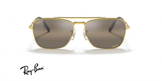 عینک آفتابی ری بن مدل کاروان طرح جدید فریم فلزی طلایی براق و عدسی قهوه ای نقره ای کرومانس و پلاریزه - عکس از زاویه روبرو