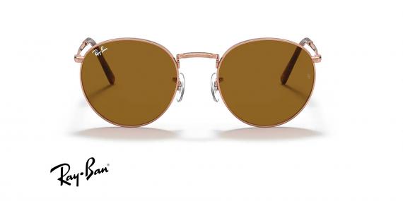 عینک آفتابی ری بن مدل گرد طرح جدید فریم فلزی رزگلد و عدسی قهوه ای - عکس از زاویه روبرو