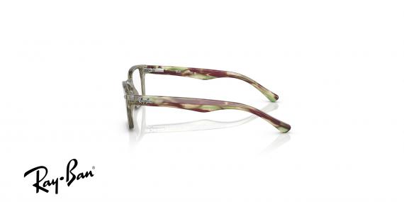 عینک طبی بچگانه ری بن فریم استات مربعی رنگ حدقه ها سبز زیتونی شفاف و دسته های هاوانا - عکس از زاویه کنار