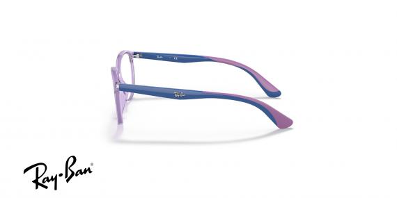 عینک طبی بچگانه ری بن فریم استات مربعی حدقه ها بنفش شفاف و دسته های بنفش و آبی - عکس از زاویه کنار
