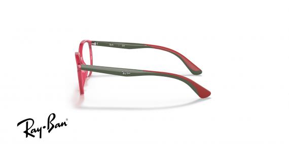 عینک طبی بچگانه ری بن فریم استات مربعی حدقه ها قرمز شفاف و دسته ها قرمز و طوسی - عکس از زاویه کنار