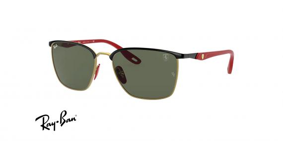 عینک آفتابی ری بن فریم فلزی مربعی مشکی ، طلایی و دسته های قرمز با عدسی سبز - عکس از زاویه سه رخ