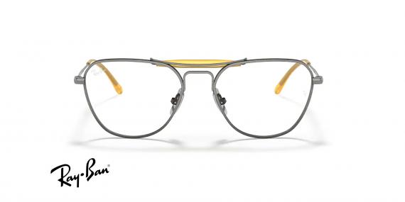 عینک طبی ری بن فریم شبه خلبانی دو پل تیتانیوم رنگ طوسی مات و زرد، حدقه های نسبتا گربه ای - عکس از زاویه روبرو