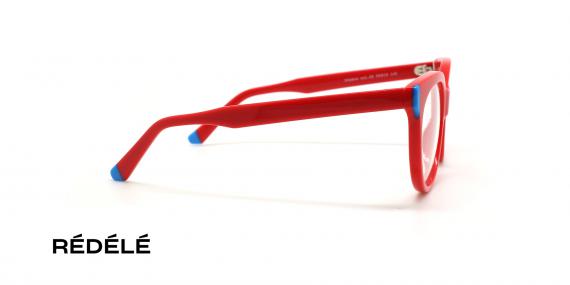 عینک طبی REDELE فریم کائوچویی بیضی ضخیم به رنگ قرمز و گوشه های حدقه و انتهای دسته ها آبی - عکس از زاویه کنار