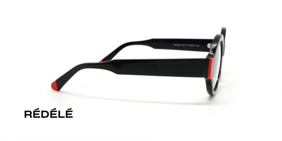 عینک طبی REDELE فریم کائوچویی بیضی خاص رنگ مشکی و گوشه های قرمز - عکس از زاویه کنار