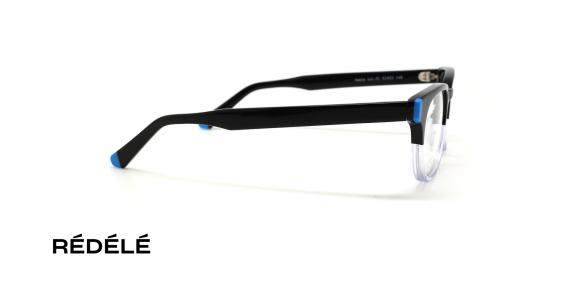 عینک طبی ردل فریم کائوچویی بیضی رنگ مشکی ،شیشه ای و گوشه های آبی رنگ - عکس از زاویه کنار