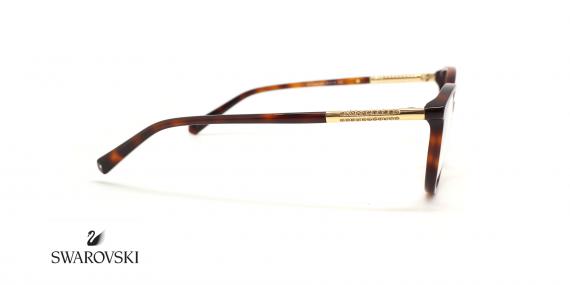 عینک طبی سواروسکی فریم کائوچویی گربه ای رنگ قهوه ای هاوانا دسته ها گرد طلایی فلزی کائوچویی - عکس از زاویه کنار