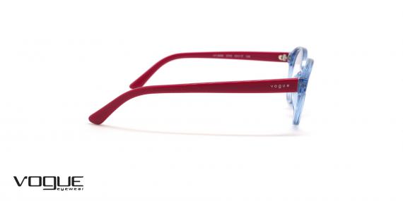 عینک طبی بچگانه وگ فریم کائوچویی بیضی دو رنگ حدقه ها آبی شیشه ای و دسته ها قرمز - عکس از زاویه کنار 