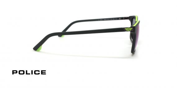 عینک آفتابی پلیس فریم کائوچویی مربعی مشکی و سبز فسفری و عدسی سورمه ای - عکس از زاویه کنار