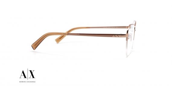 عینک طبی زنانه آرمانی اکسچنج فریم فلزی گربه ای و ابرویی زاویه دار و زیر گریف طلایی رنگ - عکس از زاویه کنار