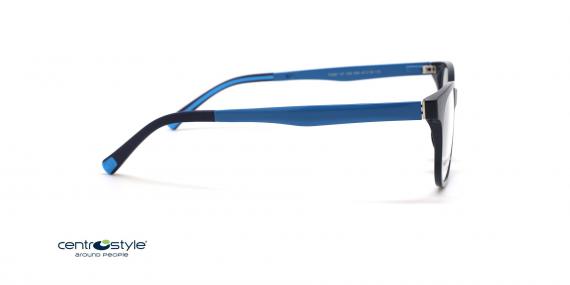 عینک طبی رویه دار سنترواستایل فریم کائوچویی بیضی رنگ مشکی و دسته های آبی - عکس از زاویه کنار