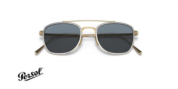 عینک آفتابی فلزی مربعی پرسول فریم طلایی نقره ای و عدسی آبی - عکس از زاویه روبرو بسته