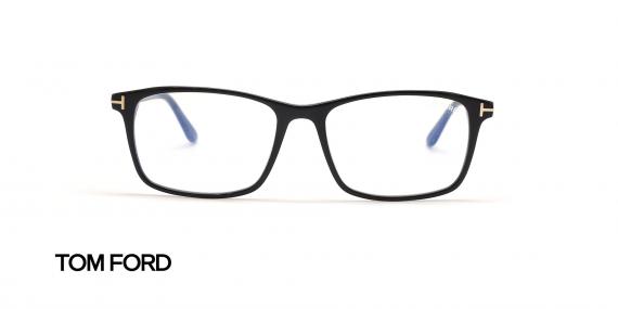 عینک طبی تام فورد فریم کائوچویی مستطیلی مشکی با نمادT رد محل اتصال دسته به حدقه - عکس از زاویه روبرو