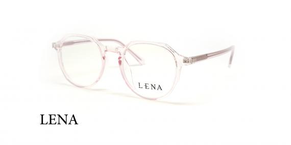 عینک طبی کائوچویی گرد زنانه لنا فریم صورتی شیشه ای - عکس از زاویه سه رخ 