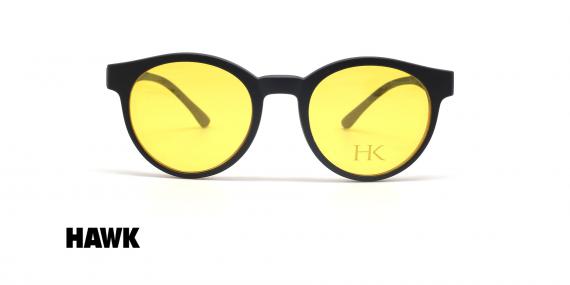 عینک طبی رویه دار هاوک فریم کائوچویی گرد صورتی چرک با دسته های مشکی با رویه شب زرد- عکس از زاویه روبرو