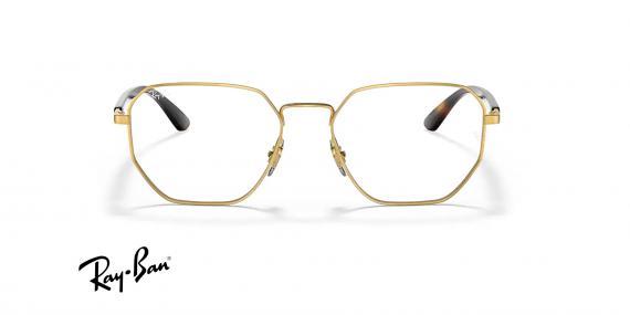عینک طبی فلزی ری بن فریم چندضلعی رنگ طلایی با دسته های قهوه ای هاوانا - عکس از زاویه روبرو