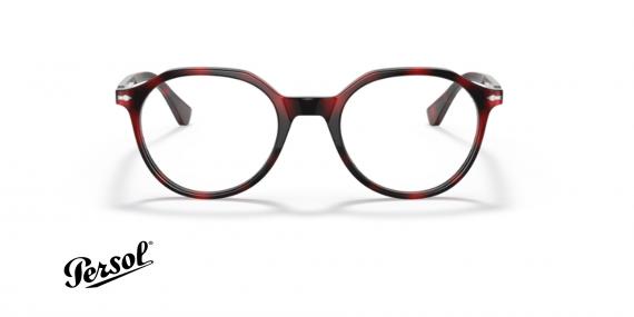 عینک طبی persol فریم کائوچویی چند ضلعی رنگ قرمز هاوانا - عکس از زاویه روبرو