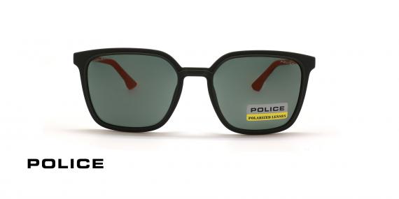 عینک آفتابی پلاریزه کائوچویی پلیس فریم مربعی مشکی داخل دسته ها نارنجی عدسی سبز - عکس از زاویه روبرو