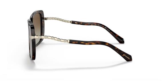 عینک آفتابی بولگاری فریم کائوچویی فلزی پروانه ای رنگ قهوه ای هاوانا و طلایی به همراع عدسی پلاریزه قهوه ای طیف دار - عکس از زاویه کنار