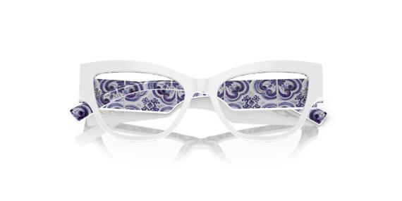 عینک طبی گربه‌ای دولچه و گابانا به رنگ سفید و پترن مدیترانه‌ای آبی دولچه - زاویه بالا