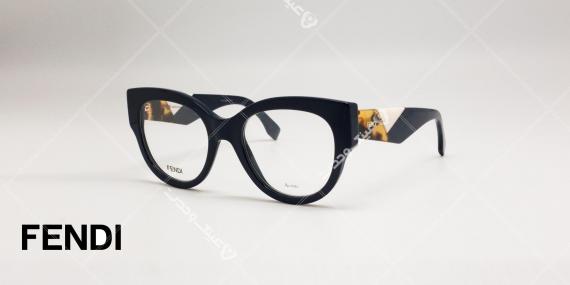 عینک طبی فندی - مدل گربه ای - کائوچویی دسته مشکی برا طرح سفید و قهوه ای - عکاسی وحدت - زاویه سه رخ