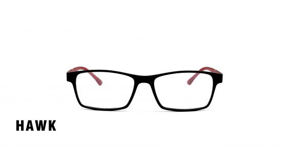 عینک طبی رویه دار هاوک فریم کائوچویی مستطیلی مشکی با دسته های قرمز - عکاسی وحدت - عکس از زاویه رو به رو