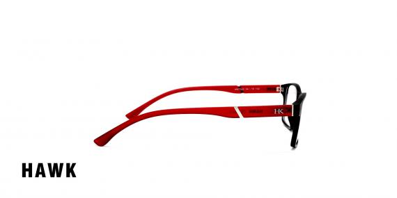 عینک طبی رویه دار هاوک فریم کائوچویی مستطیلی مشکی با دسته های قرمز - عکاسی وحدت - عکس از زاویه کنار