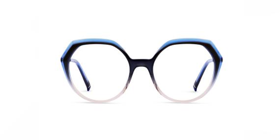 عینک طبی زنانه کوالی فریم کائوچویی گرد به رنگ خاکستری و صورتی شیشه ای و ابرویی آبی - عکس از زاویه روبرو