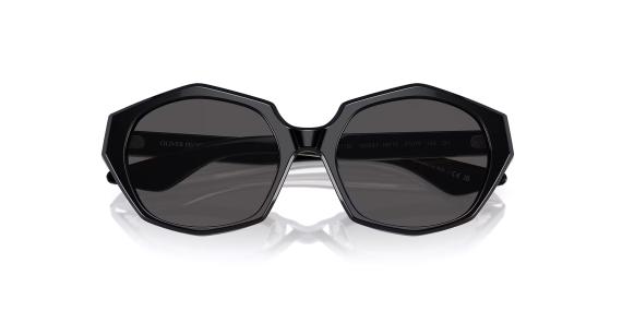 عینک آفتابی الیور پیپلز فریم کائوچویی عدسی بیضی و حدقه چند ضلعی مشکی براق به همراه عدسی دودی - عکس از زاویه بسته عینک