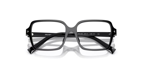 عینک طبی پرادا فریم کائوچویی مربعی باریک به رنگ مشکی براق - عکس از زاویه بسته عینک