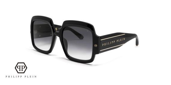 عینک آفتابی زنانه فیلیپ پلین فریم مربعی استات مشکی- دسته ها PLEIN طلایی و عدسی دودی طیف دار - عکس از زاویه سه رخ