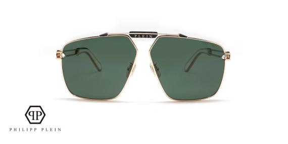 عینک آفتابی فیلیپ پلین فریم فلزی شبه خلبانی زاویه دار طلایی رنگ به همراه عدسی سبز - عکس از زاویه روبرو