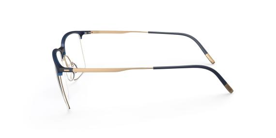 عینک طبی مستطیلی زیرگریف سیلوئت با حدقه آبی و بدنه تیتانیومی طلایی - زاویه کنار