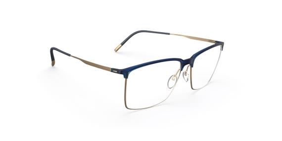 عینک طبی مستطیلی زیرگریف سیلوئت با حدقه آبی و بدنه تیتانیومی طلایی - زاویه سه‌رخ