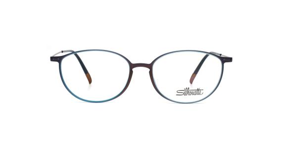عینک طبی سیلوئت  SPX از بیرون قهوه ای و دور تا دور حدقه ها آبی به همراه دسته های تیتانیومی قهوه ای - عکس از زاویه روبرو