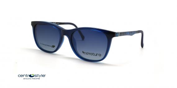 عینک طبی رویه دار سنترواستایل فریم مربعی کائوچویی آبی با رویه آفتابی سورمه ای- عکس از زاویه سه رخ با رویه