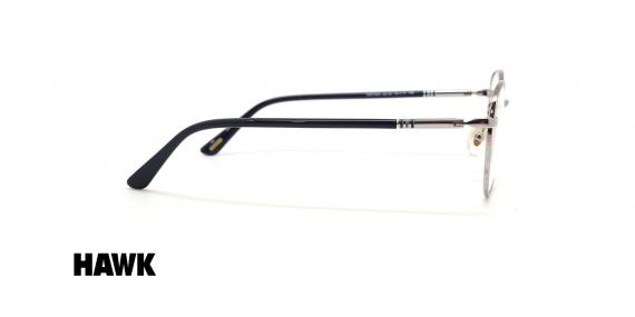 عینک طبی فلزی هاوک گرد نقره ای با دسته مشکی - عکس از زاویه کنار