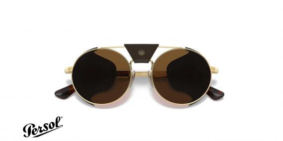 عینک آفتابی پرسول پروتکتور با بدنه طلایی و عدسی و چرم قهوه‌ای - تاپ‌ویو