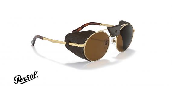 عینک آفتابی پرسول پروتکتور با بدنه طلایی و عدسی و چرم قهوه‌ای - سه‌رخ2