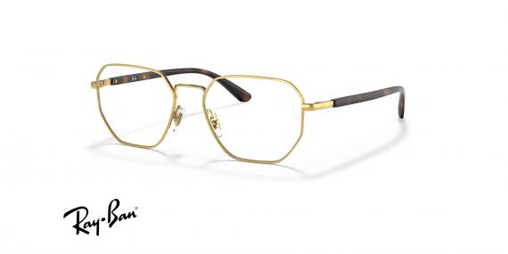 عینک طبی فلزی ری بن فریم چندضلعی رنگ طلایی با دسته های قهوه ای هاوانا - عکس از زاویه سه رخ