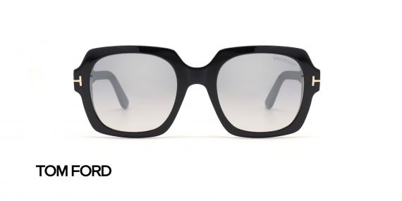 عینک آفتابی مربعی کائوچویی - مشکی و رنگ عدسی آبی طیف دار - عکس از زاویه روبرو