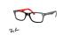 عینک طبی ری بن فریم کائوچویی مستطیلی مشکی داخل دسته ها قرمز با نوشته های لوگوی ری بن - عکس از زاویه سه رخ 